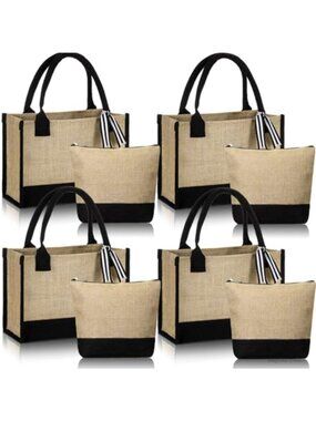 Jute Burlap Tote Bag with Canvas Makeup Pouch Set DIY Wedding